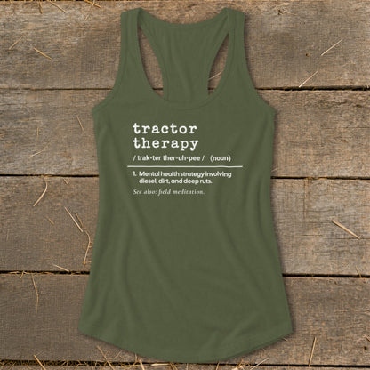 Green tank top with "Tractor Therapy" definition printed in white text.