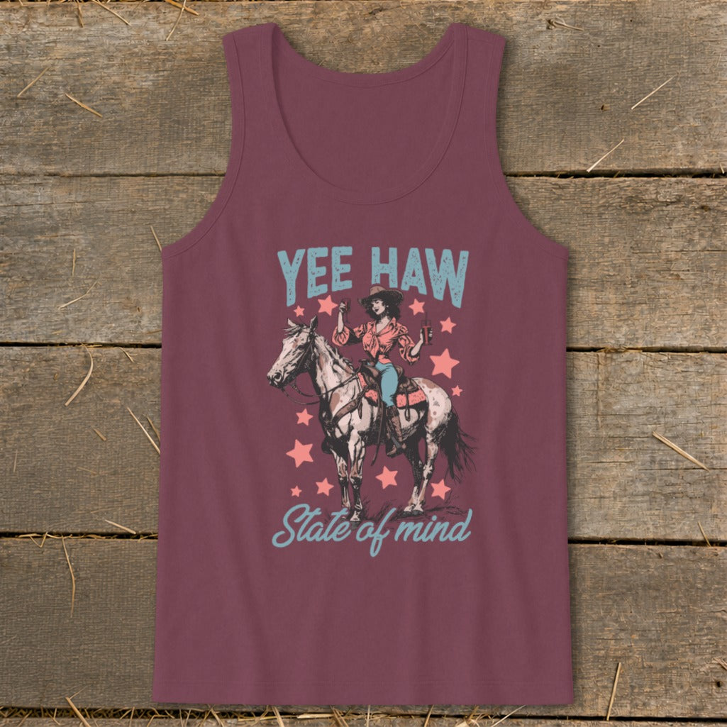 Maroon tank top with "Yee Haw State of Mind" text and illustration of a cowgirl on a horse.
