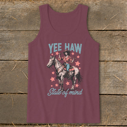 Maroon tank top with "Yee Haw State of Mind" text and illustration of a cowgirl on a horse.