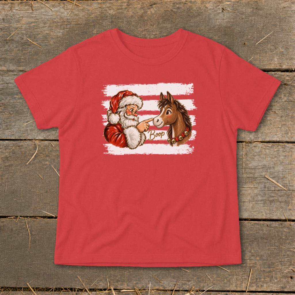 Santa booping a horse with the word "Boop" on a red t-shirt.