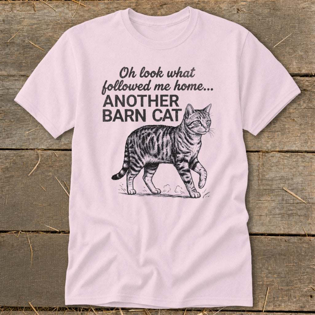 Pink t-shirt with "Another Barn Cat" text and a tabby cat illustration.