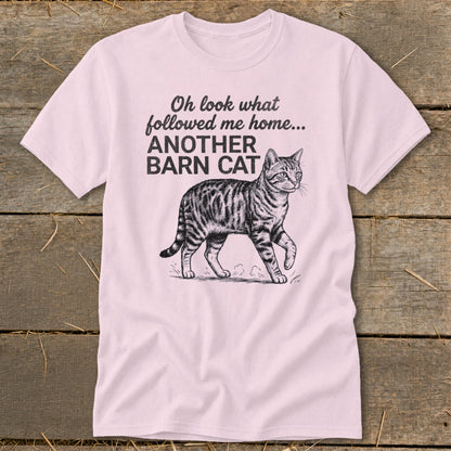 Pink t-shirt with "Another Barn Cat" text and a tabby cat illustration.