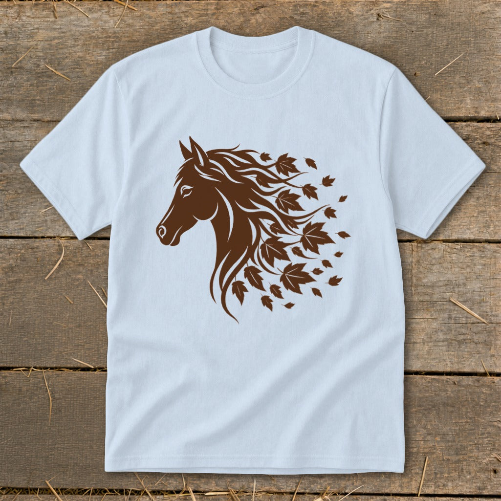Light blue t-shirt with a brown horse head and flowing mane made of autumn leaves.
