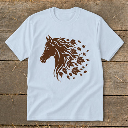 Light blue t-shirt with a brown horse head and flowing mane made of autumn leaves.