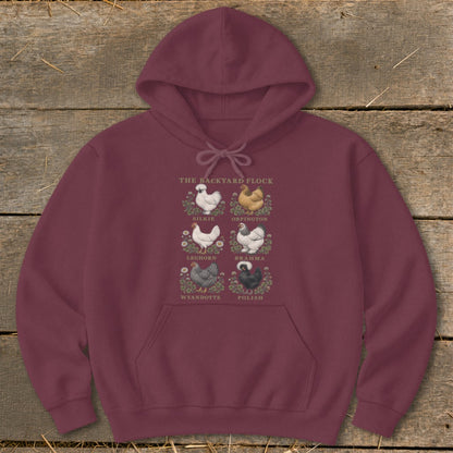 Maroon hoodie with "The Backyard Flock" text and six illustrated chicken breeds.
