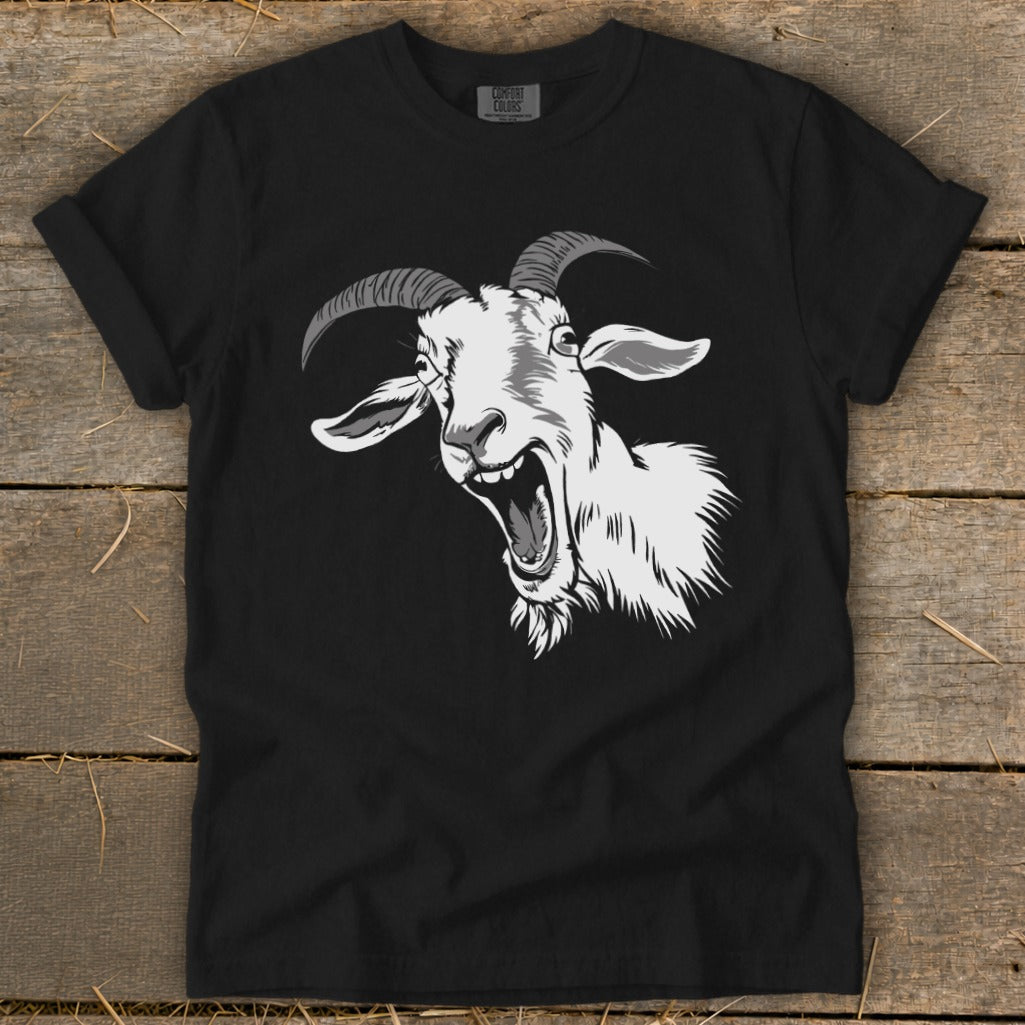 Black t-shirt with a white, screaming goat graphic and Comfort Colors logo.