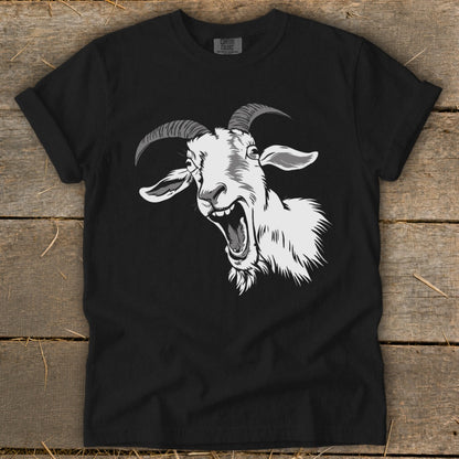 Black t-shirt with a white, screaming goat graphic and Comfort Colors logo.