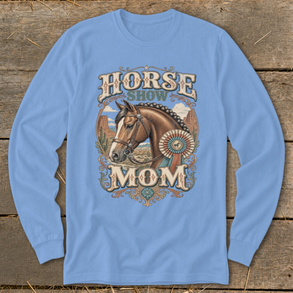 Horse Show Mom graphic with a horse head and a desert landscape.