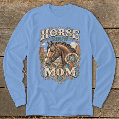 Horse Show Mom graphic with a horse head and a desert landscape.