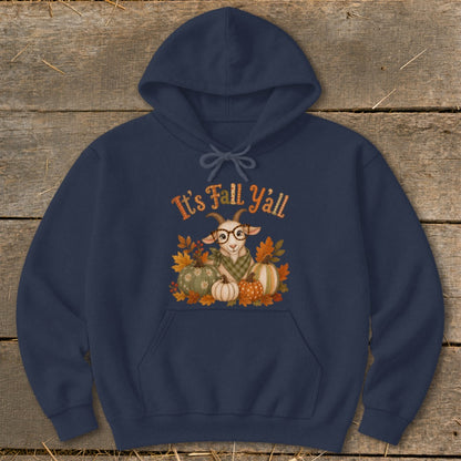 Navy hoodie with a goat wearing glasses and text "It's Fall Y'all" among pumpkins and leaves.