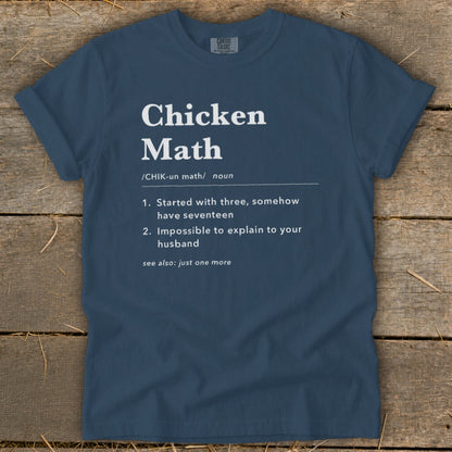 Navy t-shirt with "Chicken Math" definition and humor.