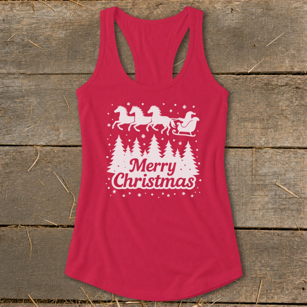 Red tank top with white Santa, sleigh, horses, trees, and "Merry Christmas" graphic.
