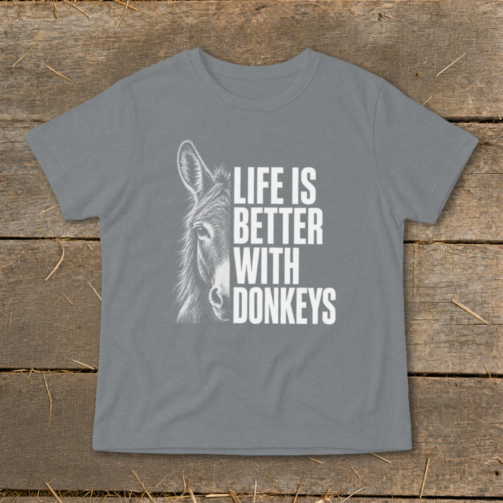 Gray t-shirt with a donkey illustration and the text "LIFE IS BETTER WITH DONKEYS."