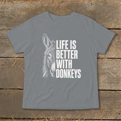 Gray t-shirt with a donkey illustration and the text "LIFE IS BETTER WITH DONKEYS."