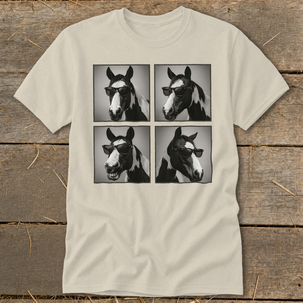 T-shirt with four black and white images of a horse wearing sunglasses.
