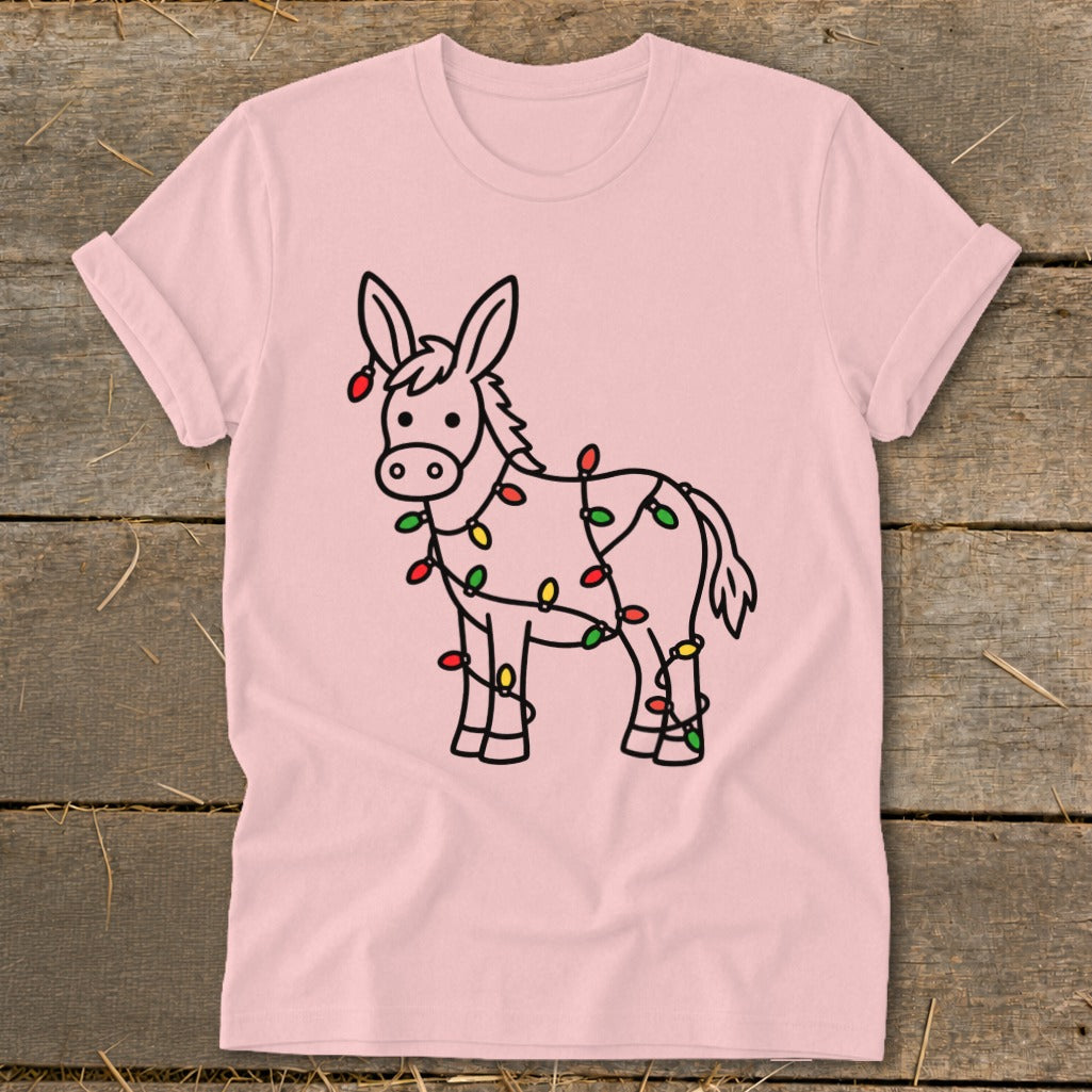 Pink t-shirt with line drawing of donkey wrapped in Christmas lights.