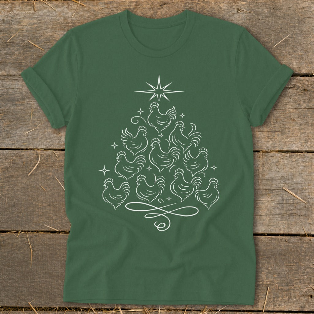 Green t-shirt with a white line drawing of a Christmas tree made of chickens.