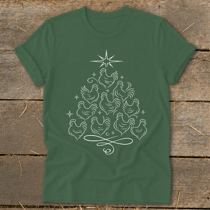 Green t-shirt with a white line drawing of a Christmas tree made of chickens.