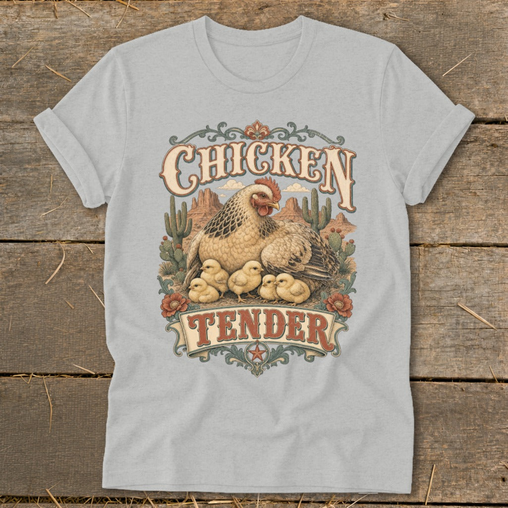 Chicken Tender t-shirt design with hen, chicks, cacti, and desert landscape.