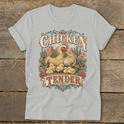 Chicken Tender t-shirt design with hen, chicks, cacti, and desert landscape.