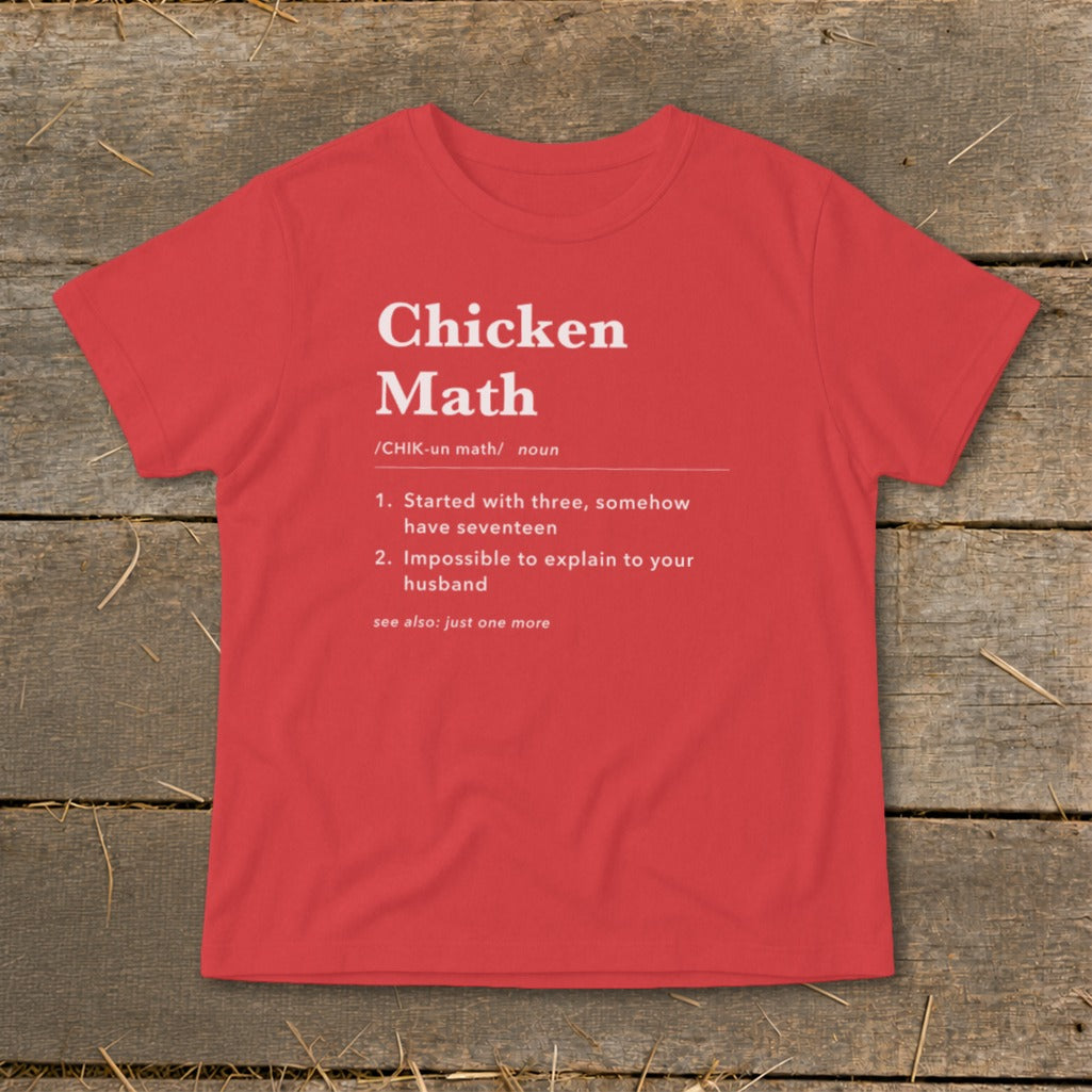 Red t-shirt with "Chicken Math" definition text.
