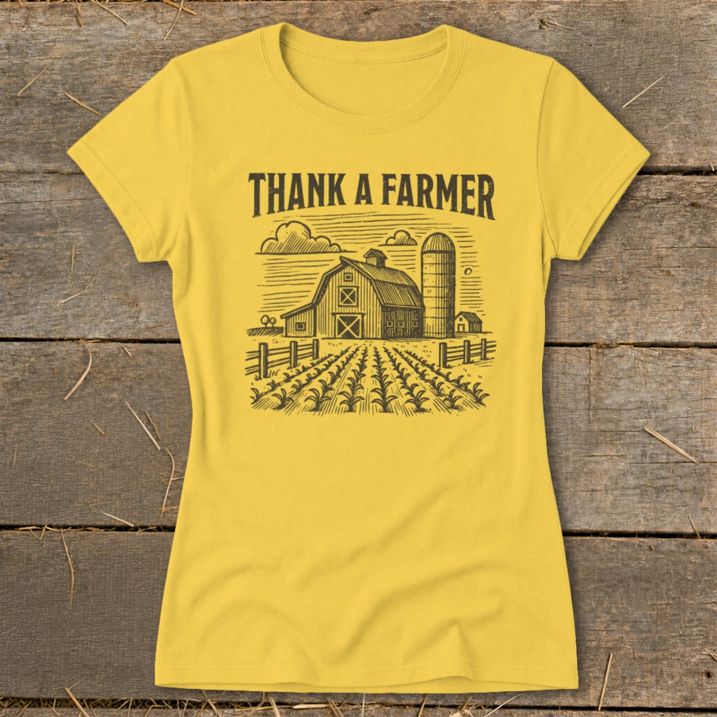 Yellow t-shirt with "THANK A FARMER" text and barn graphic.