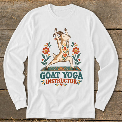 White long-sleeve shirt with cartoon goat doing yoga and "GOAT YOGA INSTRUCTOR" text.