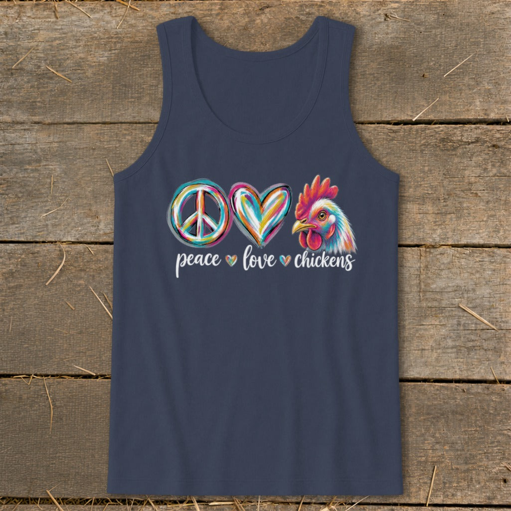 A dark blue tank top featuring a colorful graphic with the words peace love chickens.