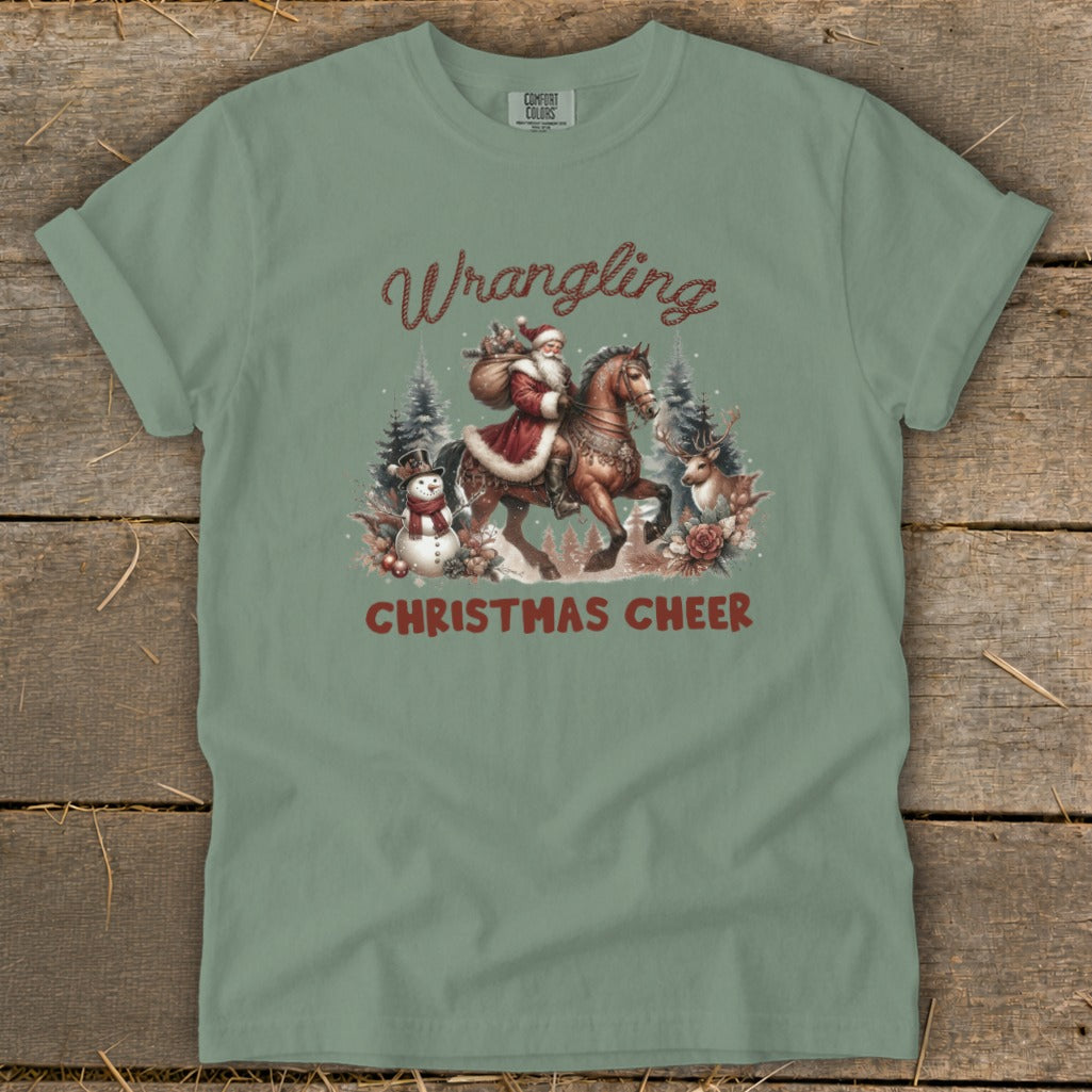 Santa riding a horse with a snowman, deer, and text "Wrangling Christmas Cheer".