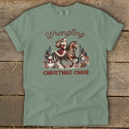 Santa riding a horse with a snowman, deer, and text "Wrangling Christmas Cheer".