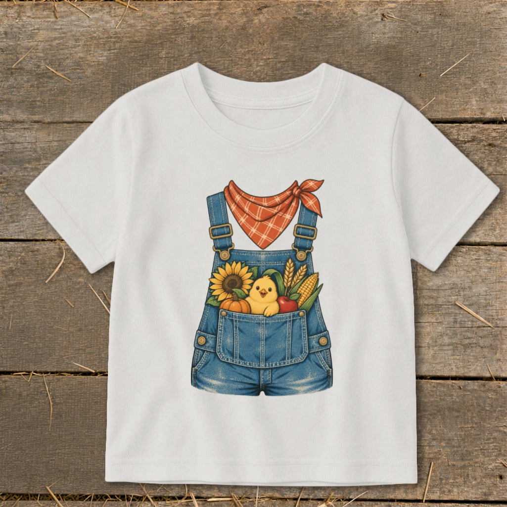 White t-shirt with denim overalls graphic featuring a chick, sunflower, pumpkin, corn, and apple.