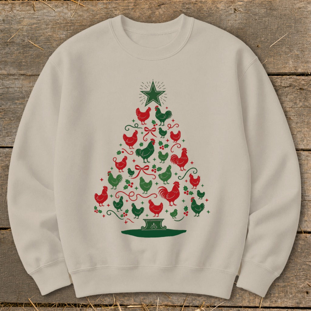 Cream sweatshirt with a Christmas tree design made of red and green chickens.