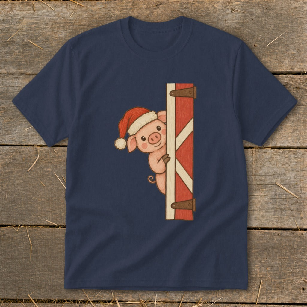 Cartoon pig wearing a Santa hat peeking around a wooden barn door.