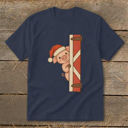 Cartoon pig wearing a Santa hat peeking around a wooden barn door.