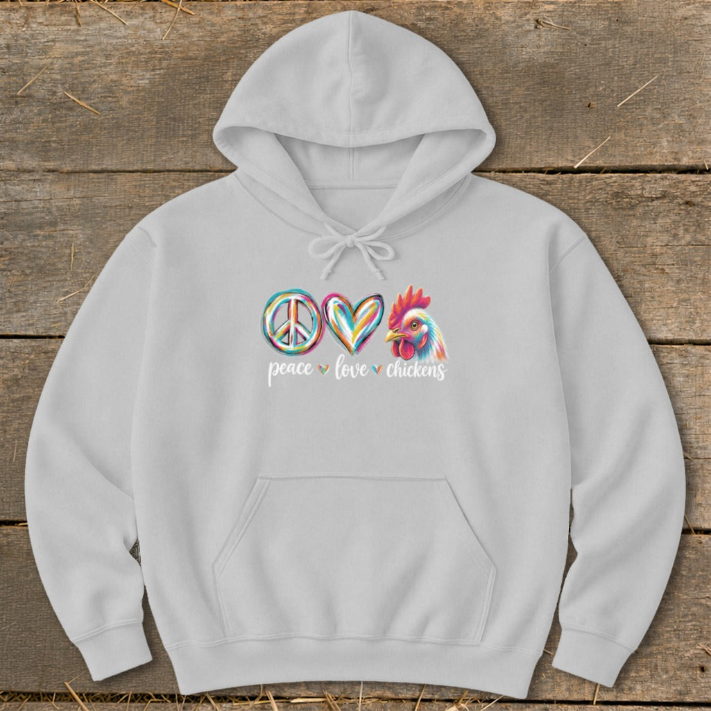 White hoodie with a graphic of a peace sign, heart, and chicken head with text.