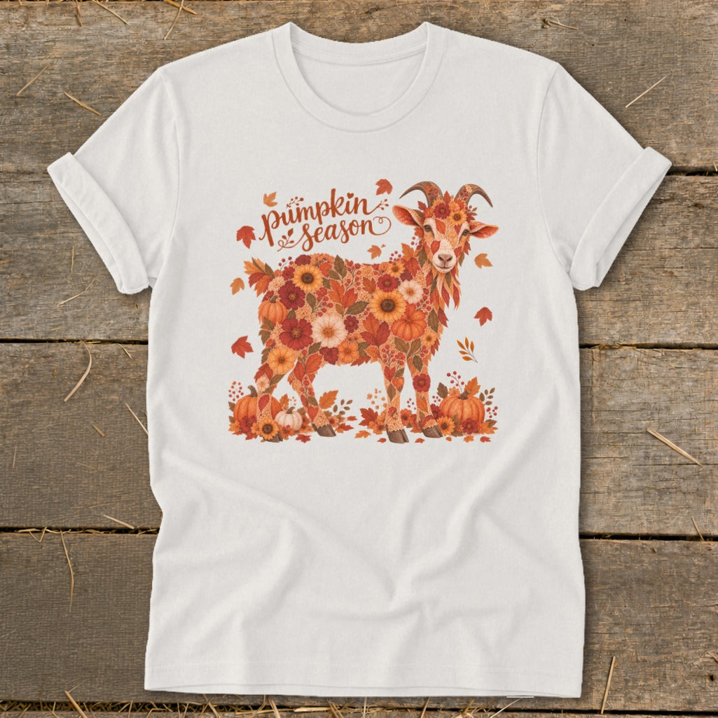 White t-shirt with a goat design made of flowers and pumpkins, saying "Pumpkin season".