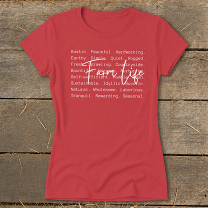 Red t-shirt with white text listing words describing "Farm Life."