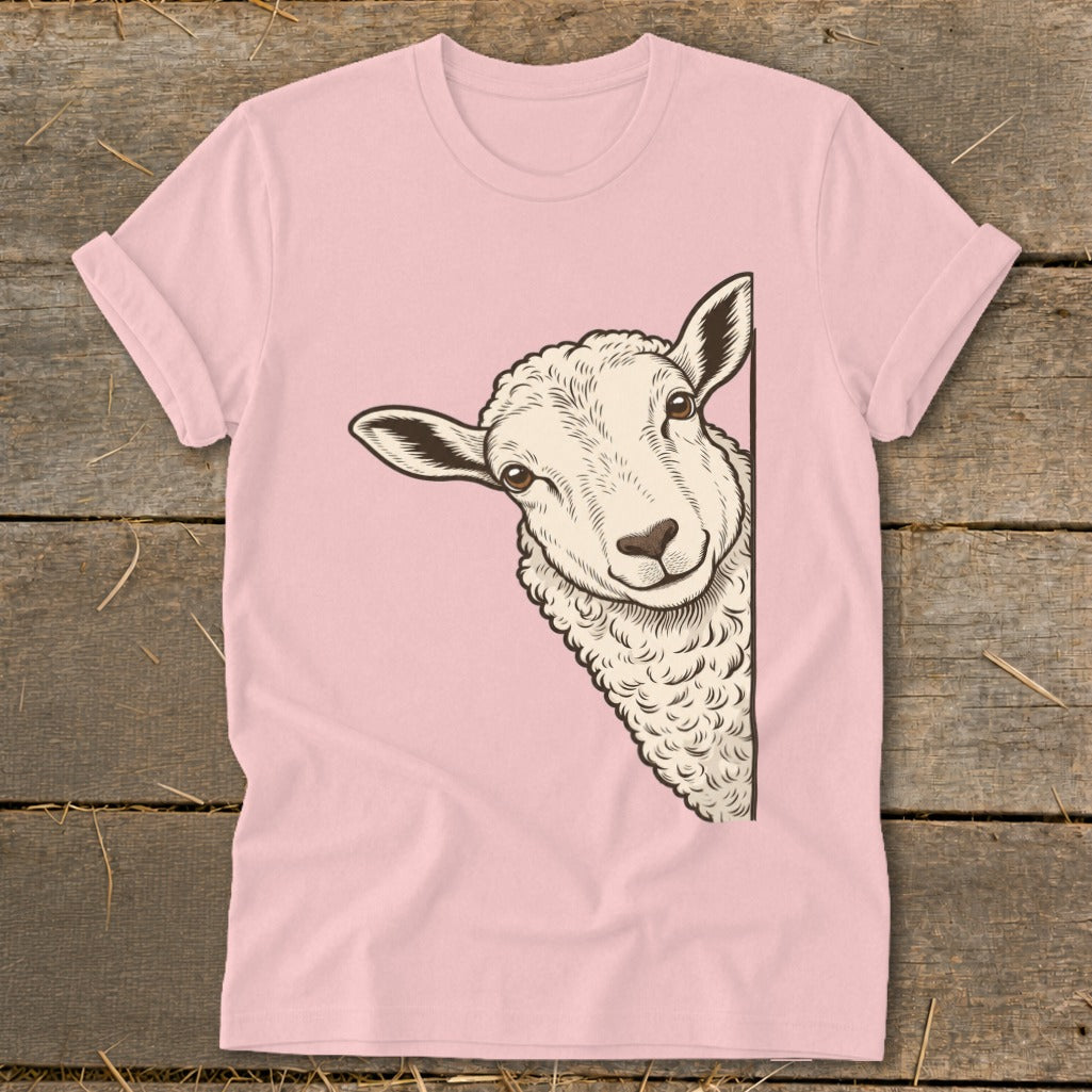 Pink t-shirt with a drawing of a sheep peeking from the side.