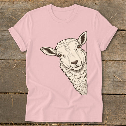 Pink t-shirt with a drawing of a sheep peeking from the side.