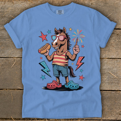 Cartoon horse in sunglasses holding a hot dog and a sparkler.