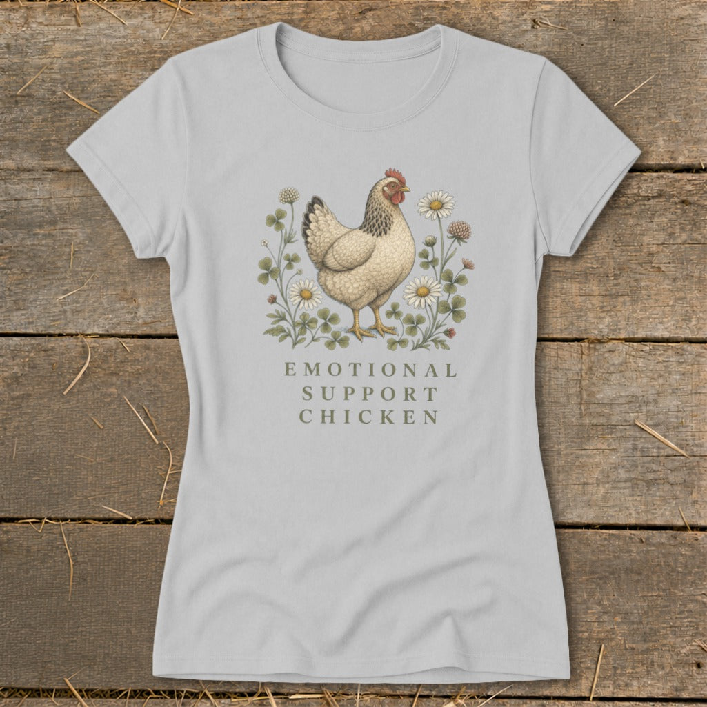 Light gray t-shirt with illustration of a chicken and text "Emotional Support Chicken".