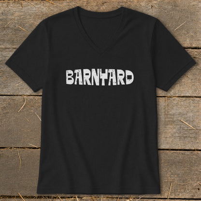 Black V-neck t-shirt with the word BARNYARD printed in distressed white capital letters centered on the chest.