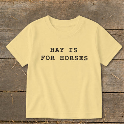 Light yellow t-shirt with "HAY IS FOR HORSES" text.