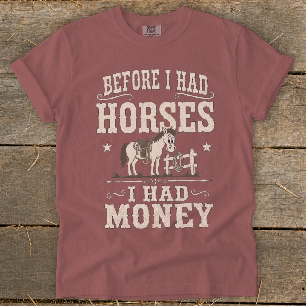 Maroon t-shirt with "Before I Had Horses I Had Money" text and cartoon horse illustration.