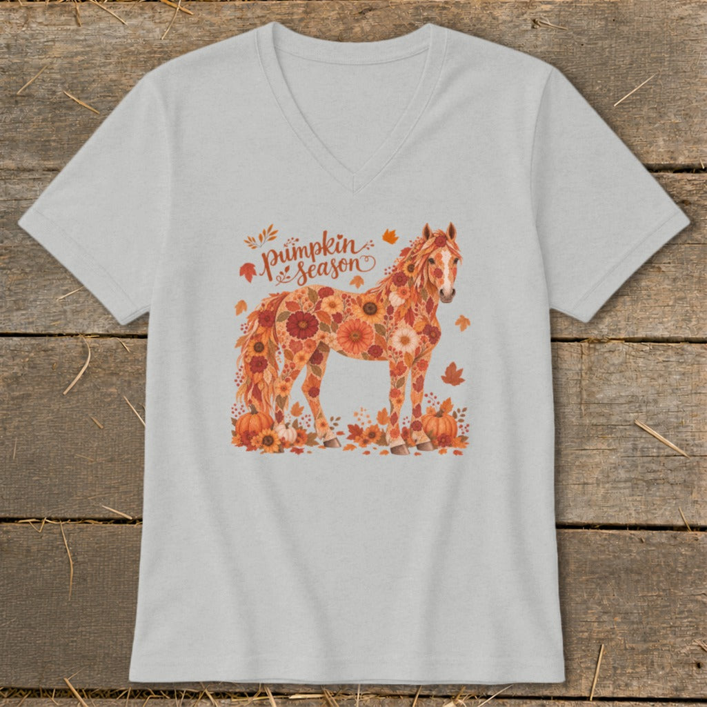 Light grey t-shirt with a floral horse design and "Pumpkin Season" text.