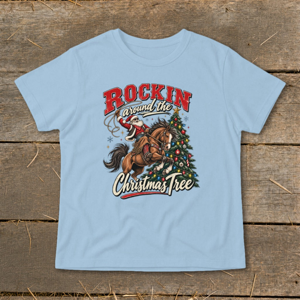 Light blue t-shirt with Santa on horseback around a Christmas tree.