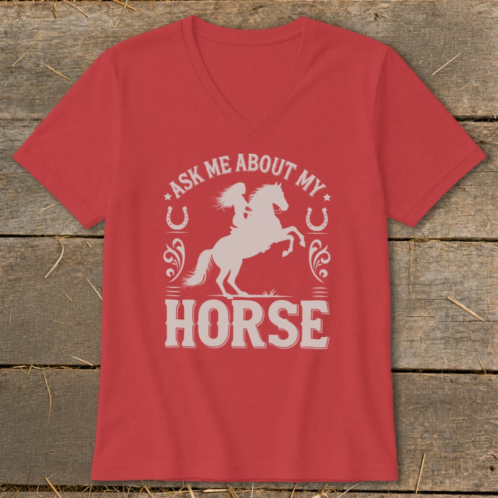 Red t-shirt with "Ask Me About My Horse" graphic featuring a rider on a horse.