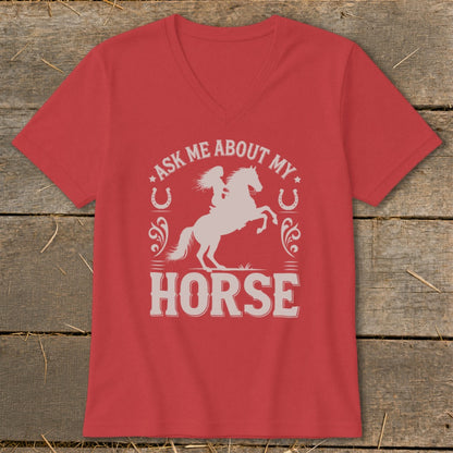Red t-shirt with "Ask Me About My Horse" graphic featuring a rider on a horse.