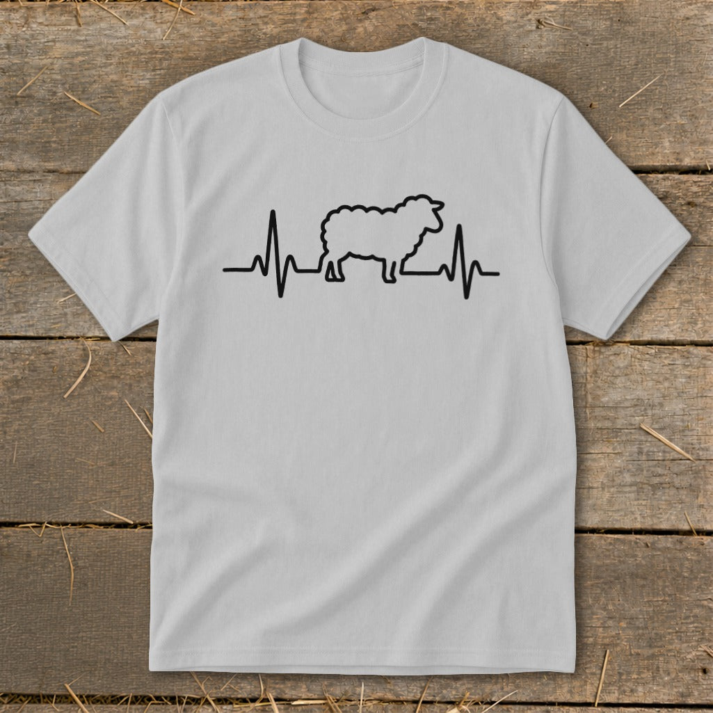 A light gray short-sleeve t-shirt with a black line-art graphic of a sheep integrated into a heartbeat monitor pulse on the chest.