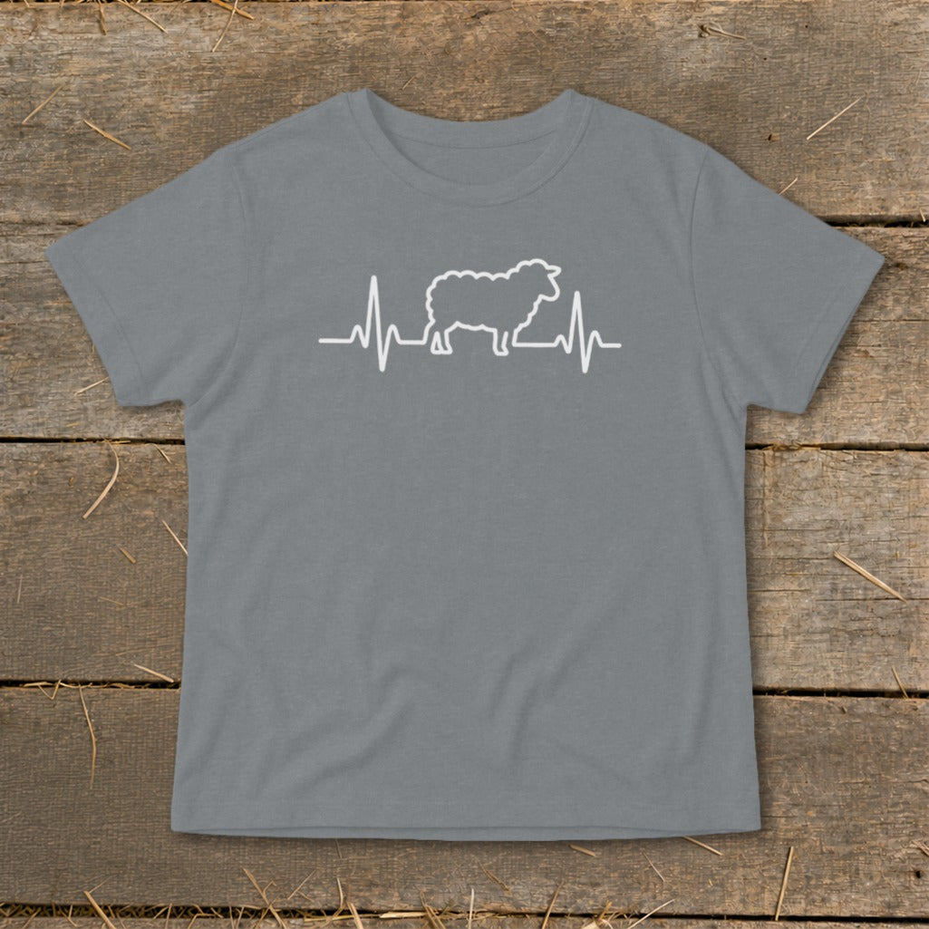 A grey short-sleeve t-shirt with a white outline of a sheep and heartbeat monitor graphic on the chest.